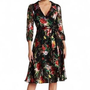 Alice + Olivia Black Floral Wrap Dress with Red, Green, Yellow Accents